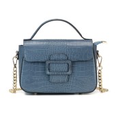 Geanta dama din piele naturala lacuita cu textura croco DiAmanti Carmina Albastru Denim